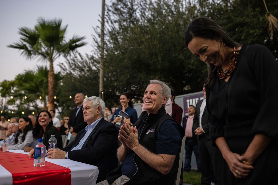 McCarthy cheers as Texas congressional candidate Monica De La Cruz is introduced during an event in McAllen on Sunday.