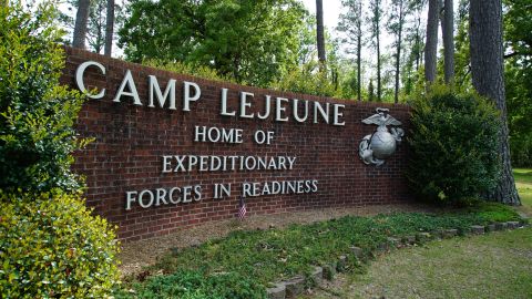 The main gate to Camp Lejeune Marine Base outside Jacksonville, N.C., is shown on Friday, April 29, 2022.