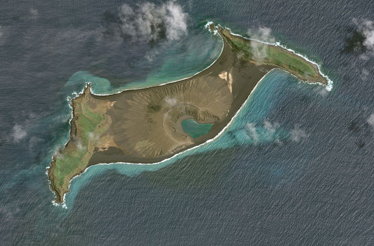 This satellite image shows the volcano on December 12, 2021, before the eruption. It's made up of two islands — Hunga Tonga and Hunga Ha'apai, which were joined by volcanic activity in 2015, giving the volcano its name. 