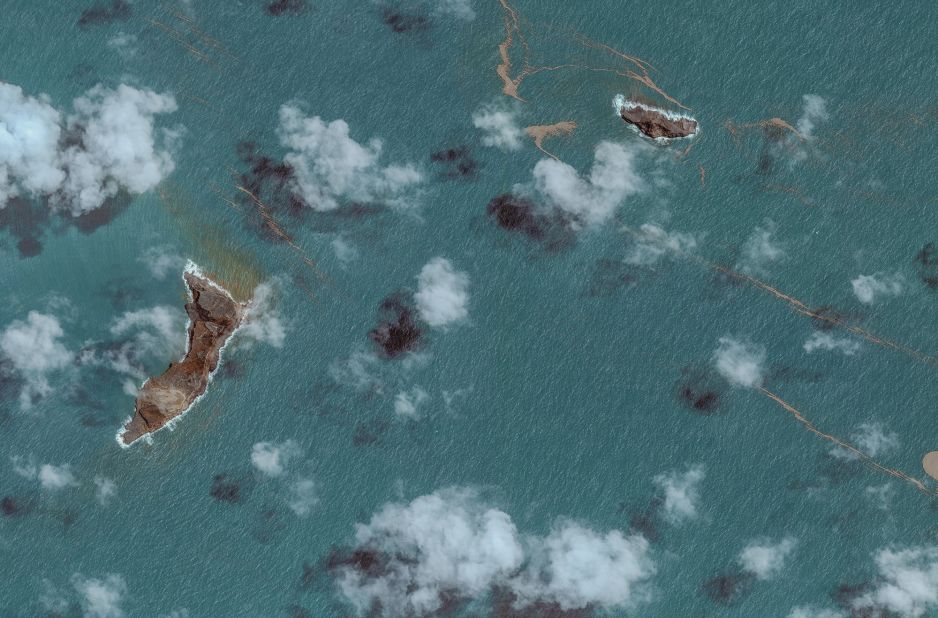 This satellite image shows the volcano on January 17, 2022, after the eruption. The caldera, which was previously around 100 meters above sea level, has disappeared back under the water — once again separating the two islands.