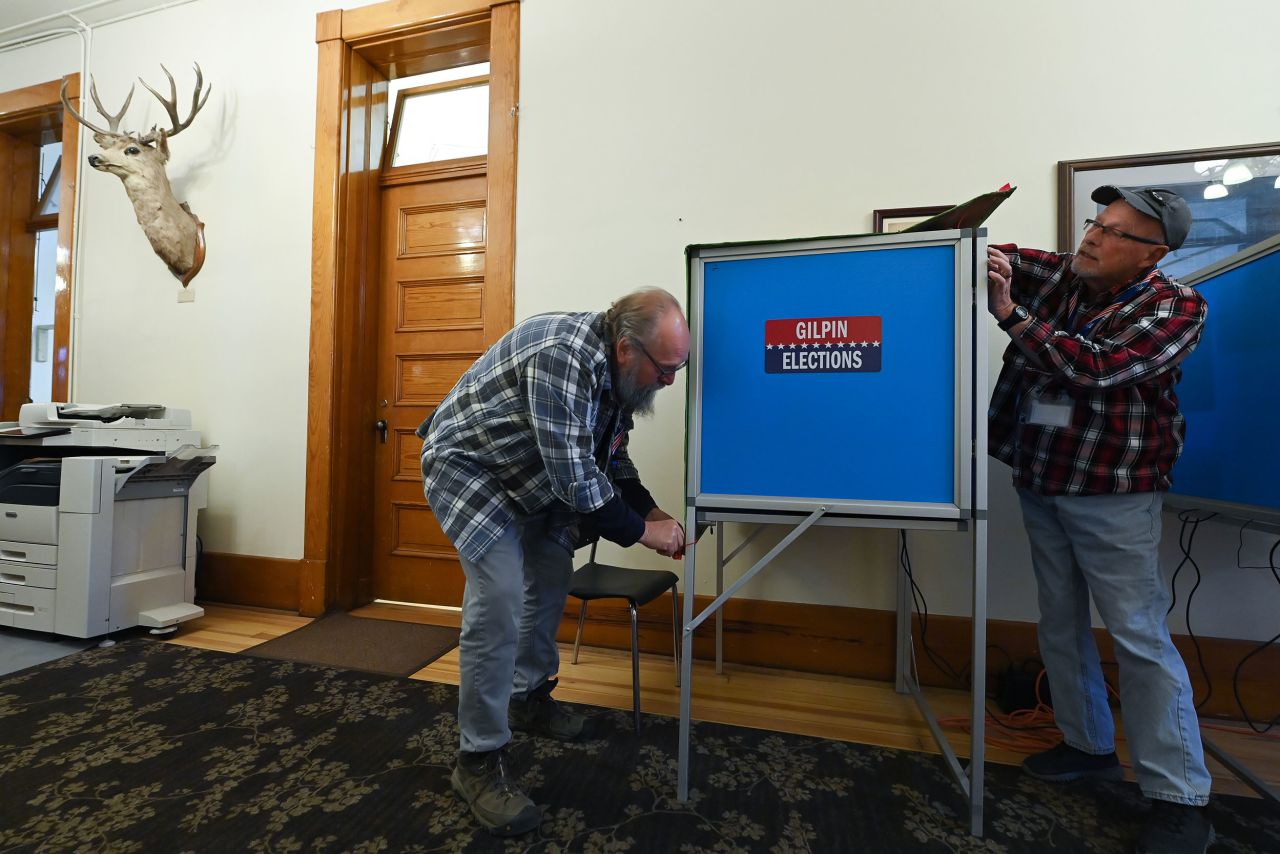 Election workers Greg Petty, left, and Richard Conklin close down a voting station in Central City, Colorado, at the end of the day on Friday.