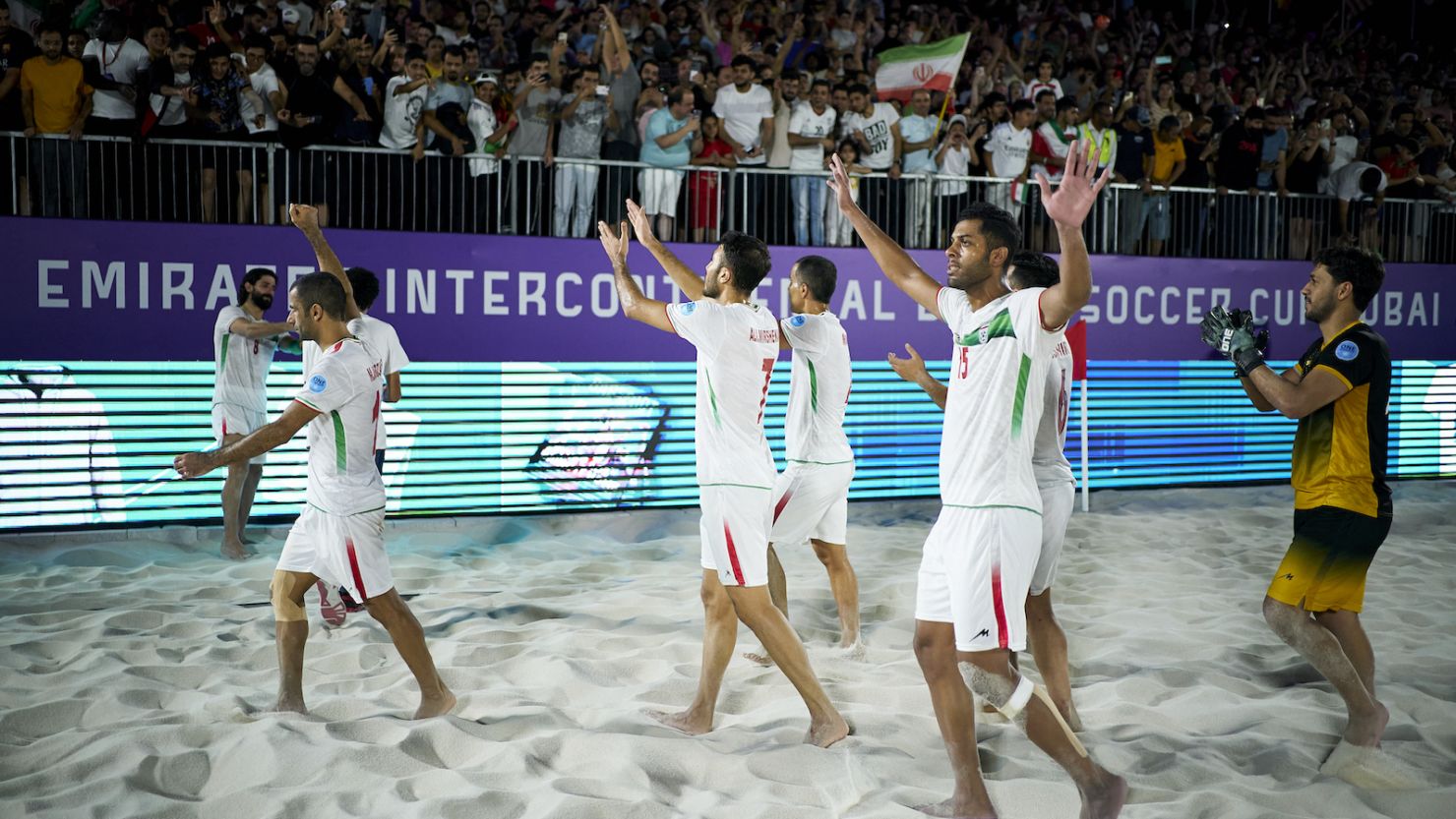 Iran's players celebrate defeating Brazil at the Emirates Intercontinental Beach Soccer Cup in Dubai. 