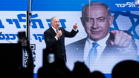 Benjamin Netanyahu speaks to supporters during a campaign event on October 29 in Bnei Brak, Israel. 