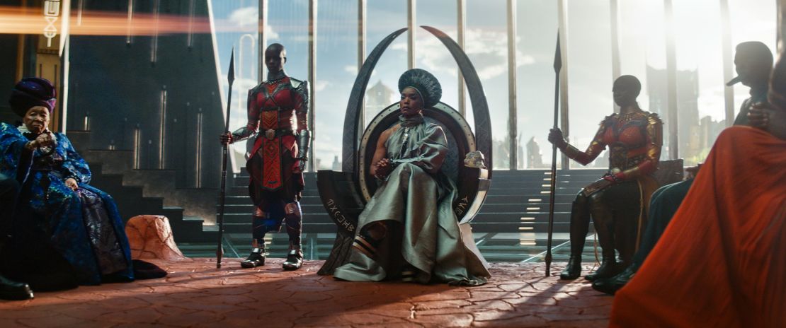 Angela Bassett (center) in a scene from "Black Panther: Wakanda Forever."