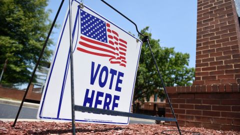 A "vote here" sign sits outside The Salvation Army Kroc in Augusta, Georgia, on June 21, 2022.