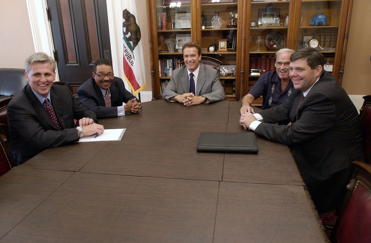 McCarthy, left, meets with California Gov.-elect Arnold Schwarzenegger, center, and other legislative leaders in 2003. McCarthy was elected to the California State Assembly in 2002.