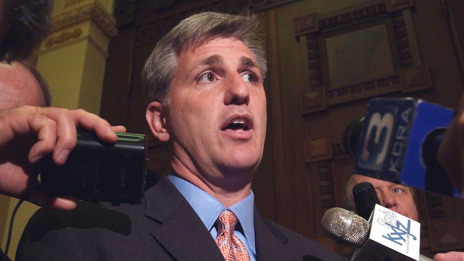 McCarthy, as minority leader of the California State Assembly, talks to reporters in Sacramento, California, in March 2004.