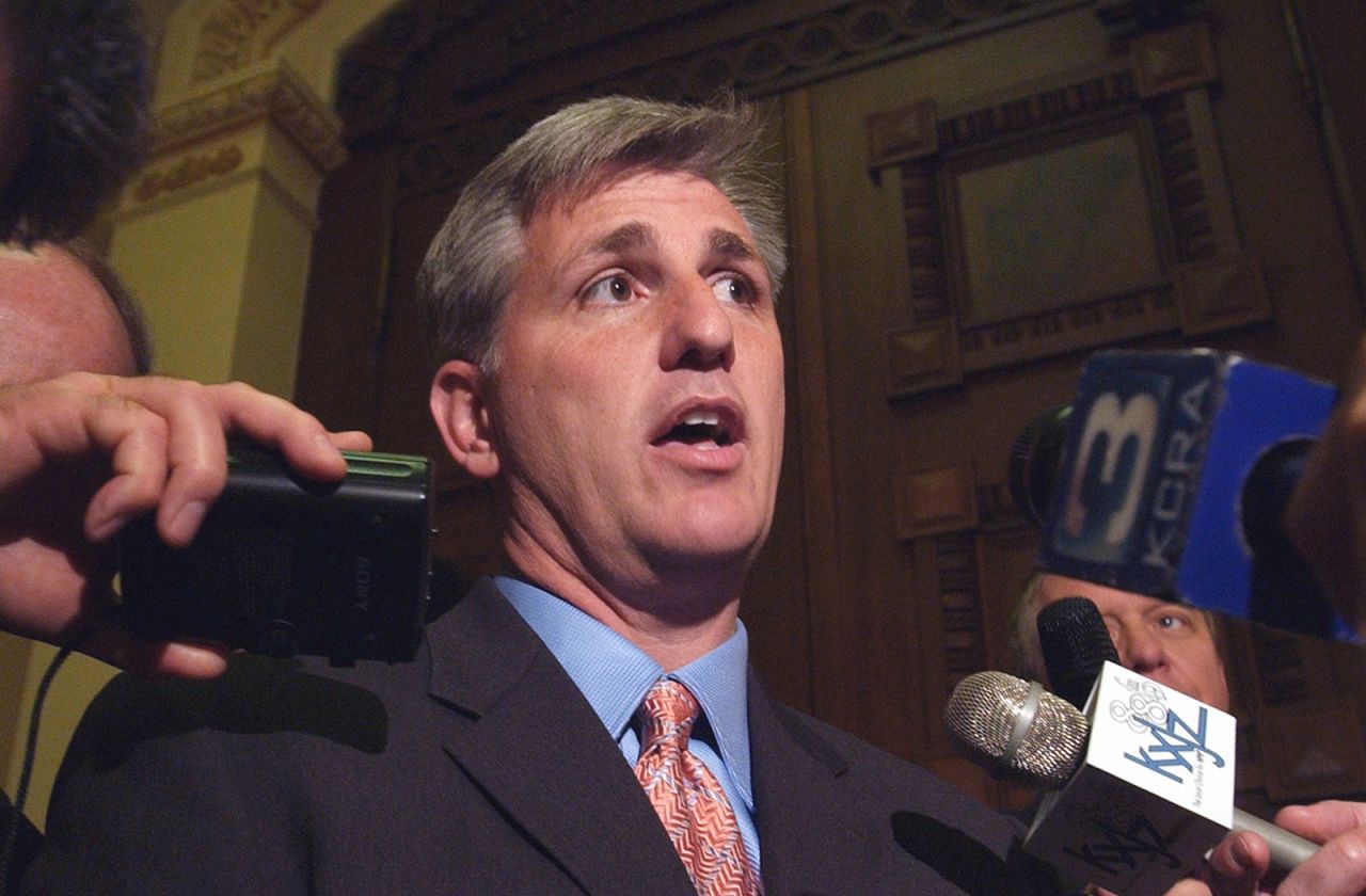 McCarthy, as minority leader of the California State Assembly, talks to reporters in Sacramento, California, in March 2004.