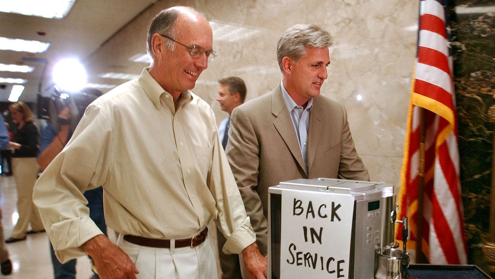 McCarthy and California state Sen. Dick Ackerman wheel a cappuccino machine into Gov. Schwarzenegger's office in July 2004. This was after Democratic state Sen. John Burton, who in the past had delivered freshly brewed coffee to his meetings with Schwarzenegger, announced that he would withhold the services of his coffee maker because Schwarzenegger called his political opponents "girlie men."
