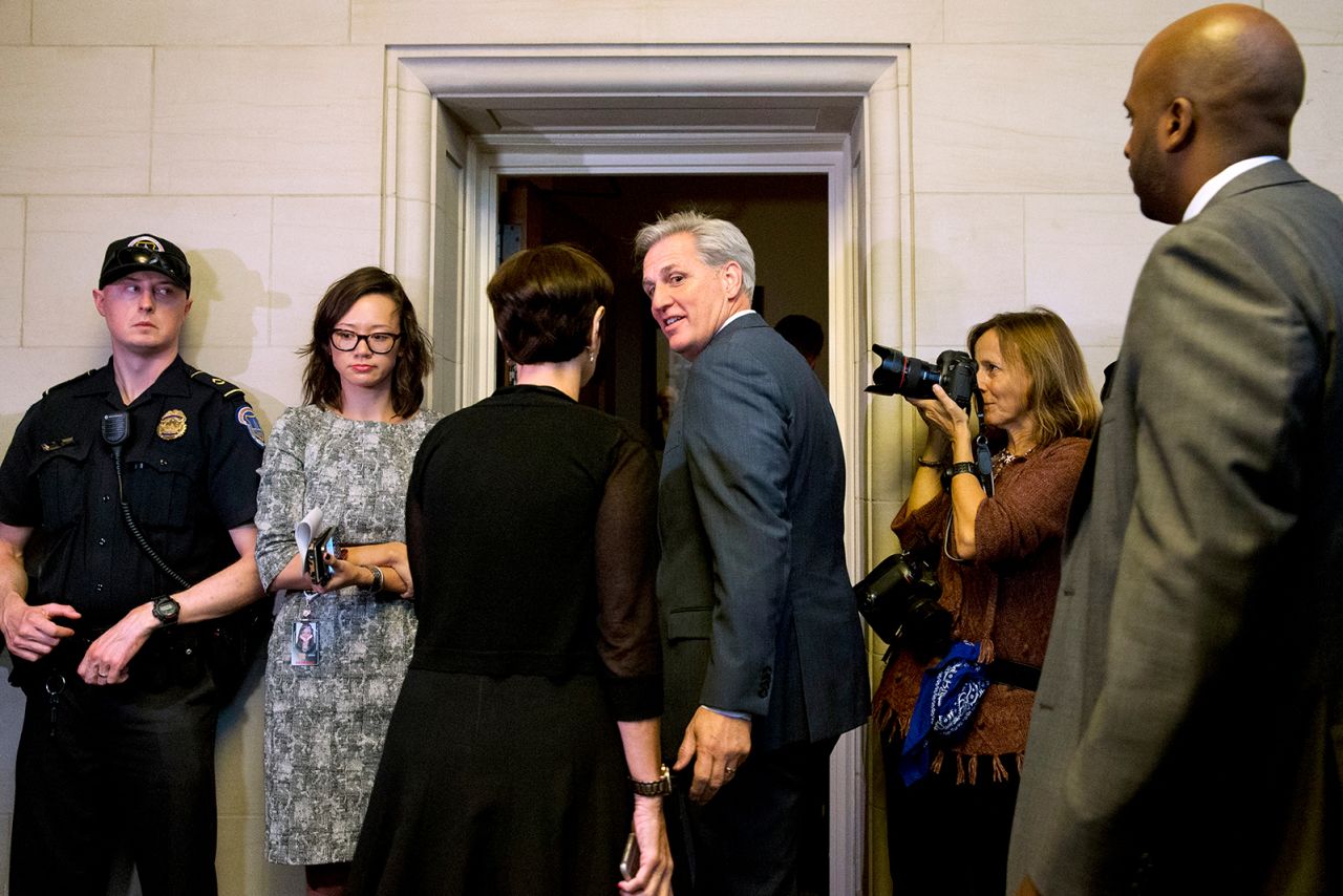 McCarthy and his wife, Judy, enter a House Republican caucus vote in 2015.