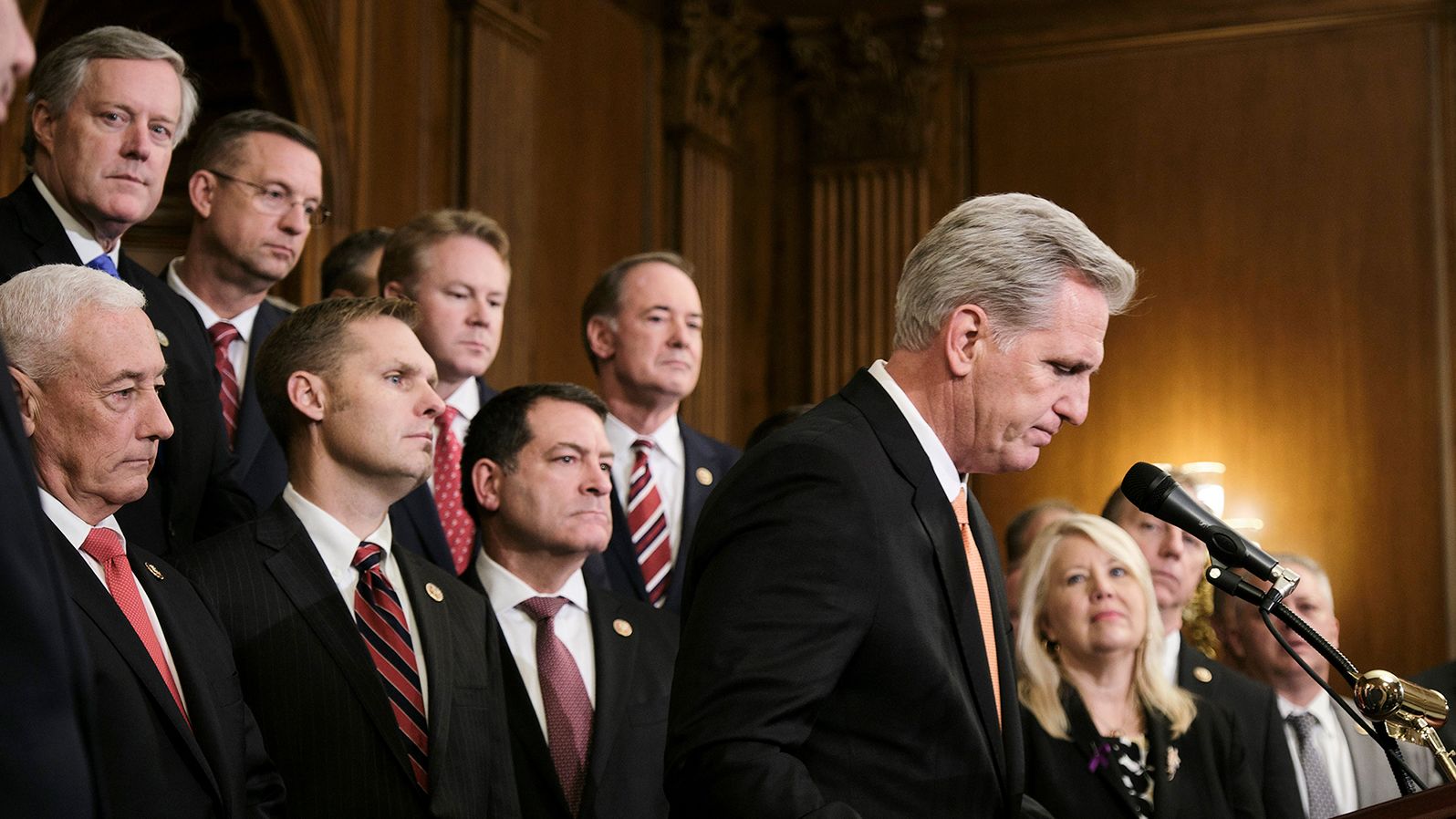 McCarthy leads a news conference at the Capitol in October 2019, after the House voted on a resolution outlining the rules for the next phase of Trump's first impeachment inquiry.