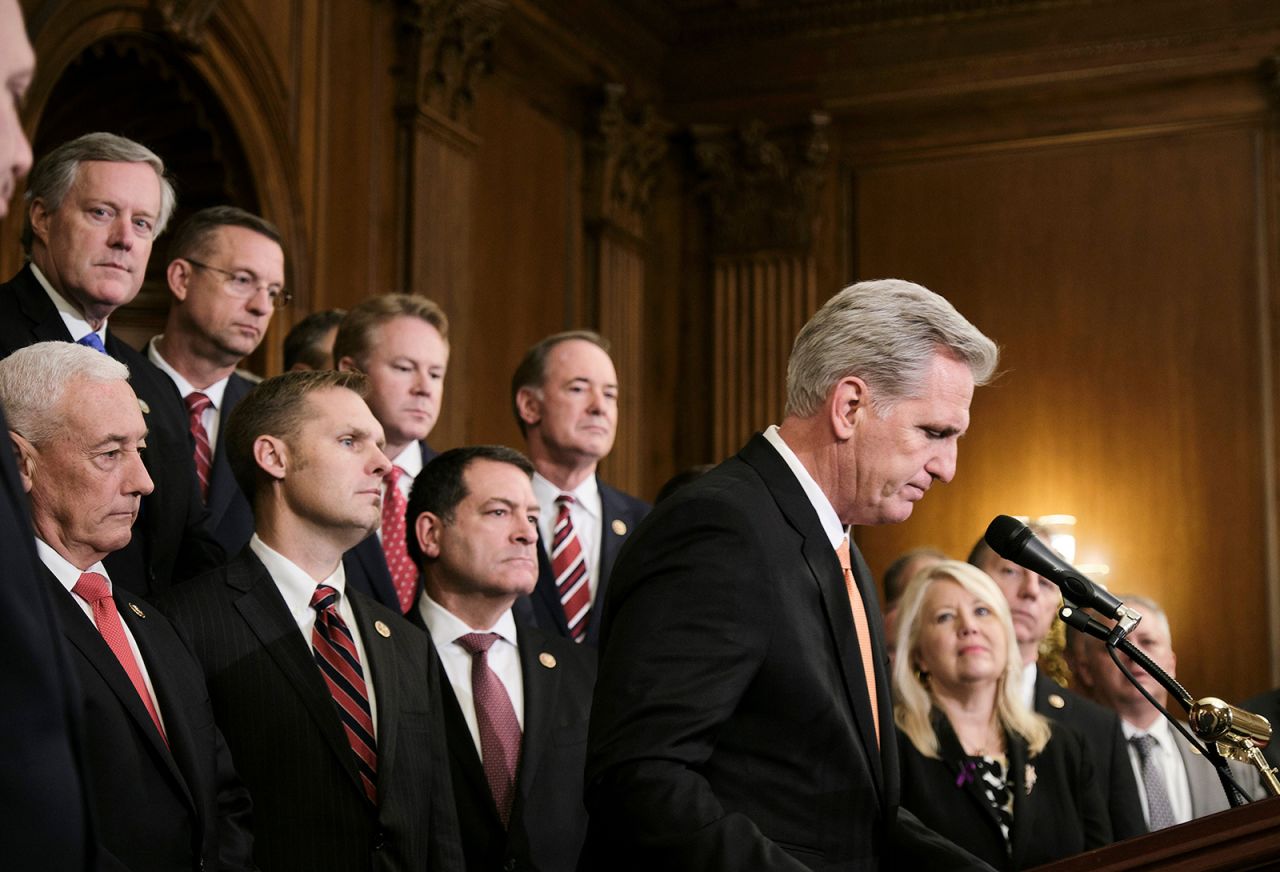 McCarthy leads a news conference at the Capitol in October 2019, after the House voted on a resolution outlining the rules for the next phase of Trump's first impeachment inquiry.
