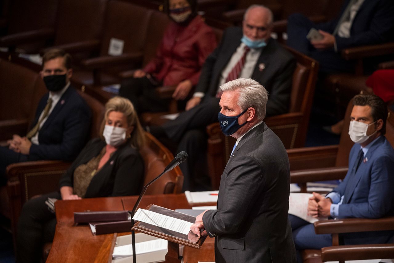McCarthy speaks during a reconvened joint session of Congress after the Capitol had been breached by Trump supporters on January 6, 2021.