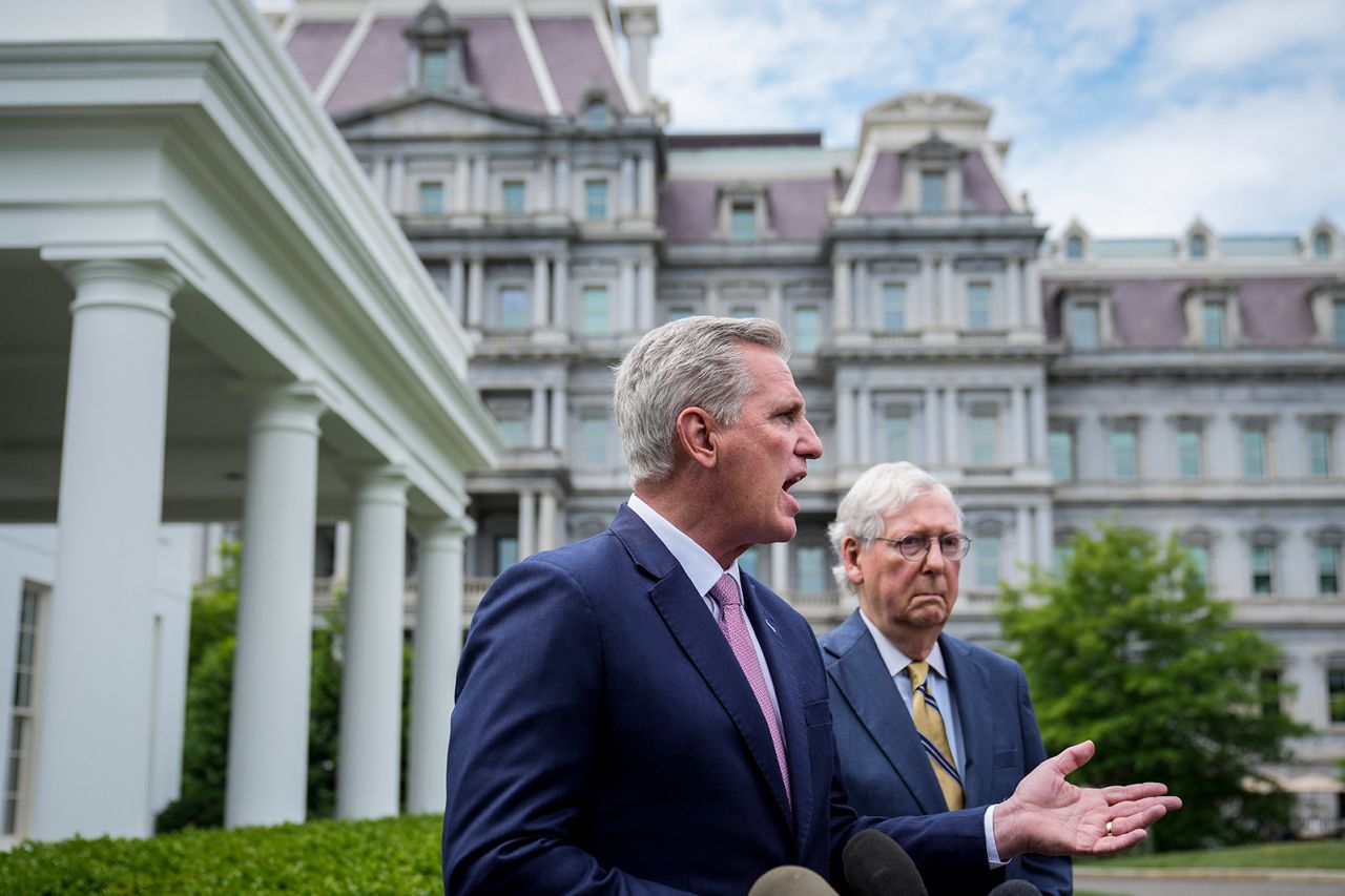 McCarthy and Senate Minority Leader Mitch McConnell address reporters after attending an Oval Office meeting with President Joe Biden in May 2021. Biden and Vice President Kamala Harris met with congressional leadership to try to find common ground on issues.