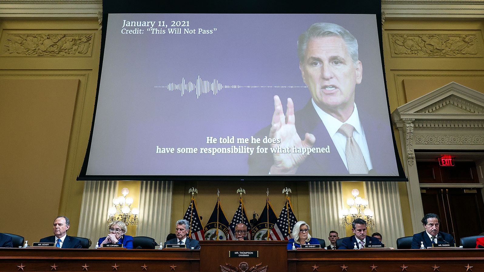 An audio recording of McCarthy is played in October 2022 during a hearing of the House Select Committee investigating the January 6 attack. "Let me be very clear to you and I have been very clear to the President. He bears responsibility for his words and actions. No if, ands or buts," McCarthy told House Republicans on January 11, 2021, <a href="https://www.cnn.com/2022/04/22/politics/trump-january-6-responsibility-book" target="_blank">according to the audio obtained by CNN</a>. "I asked him personally today, does he hold responsibility for what happened? Does he feel bad about what happened? He told me he does have some responsibility for what happened. And he needs to acknowledge that."