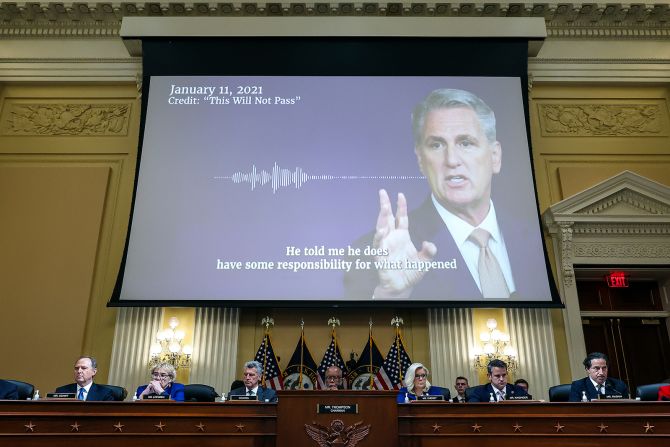An audio recording of McCarthy is played in October 2022 during a hearing of the House Select Committee investigating the January 6 attack. "Let me be very clear to you and I have been very clear to the President. He bears responsibility for his words and actions. No if, ands or buts," McCarthy told House Republicans on January 11, 2021, <a href="https://www.cnn.com/2022/04/22/politics/trump-january-6-responsibility-book" target="_blank">according to the audio obtained by CNN</a>. "I asked him personally today, does he hold responsibility for what happened? Does he feel bad about what happened? He told me he does have some responsibility for what happened. And he needs to acknowledge that."