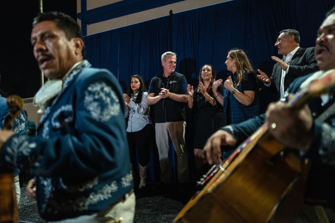 McCarthy stands between US Rep. Mayra Flores, left, Republican congressional candidate Monica De La Cruz, center, and Republican National Committee chairwoman Ronna McDaniel as a mariachi band plays at an event in McAllen, Texas, in November 2022. In an exclusive, wide-ranging interview with CNN two days before the midterm elections, McCarthy <a href="index.php?page=&url=https%3A%2F%2Fwww.cnn.com%2F2022%2F11%2F07%2Fpolitics%2Fkevin-mccarthy-interview-border-security" target="_blank">outlined his plans for power</a>.