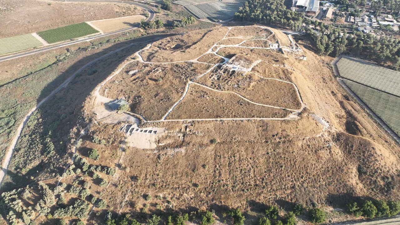 An aerial view of Lachish, Israel, the archaeological site where the comb was found, is shown. 