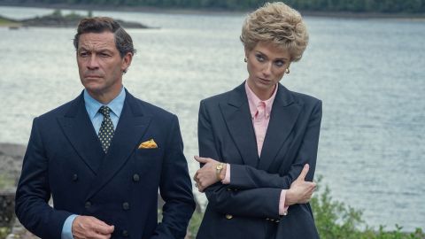 (From left) Dominic West as Prince Charles and Elizabeth Debicki as Princess Diana in a scene from