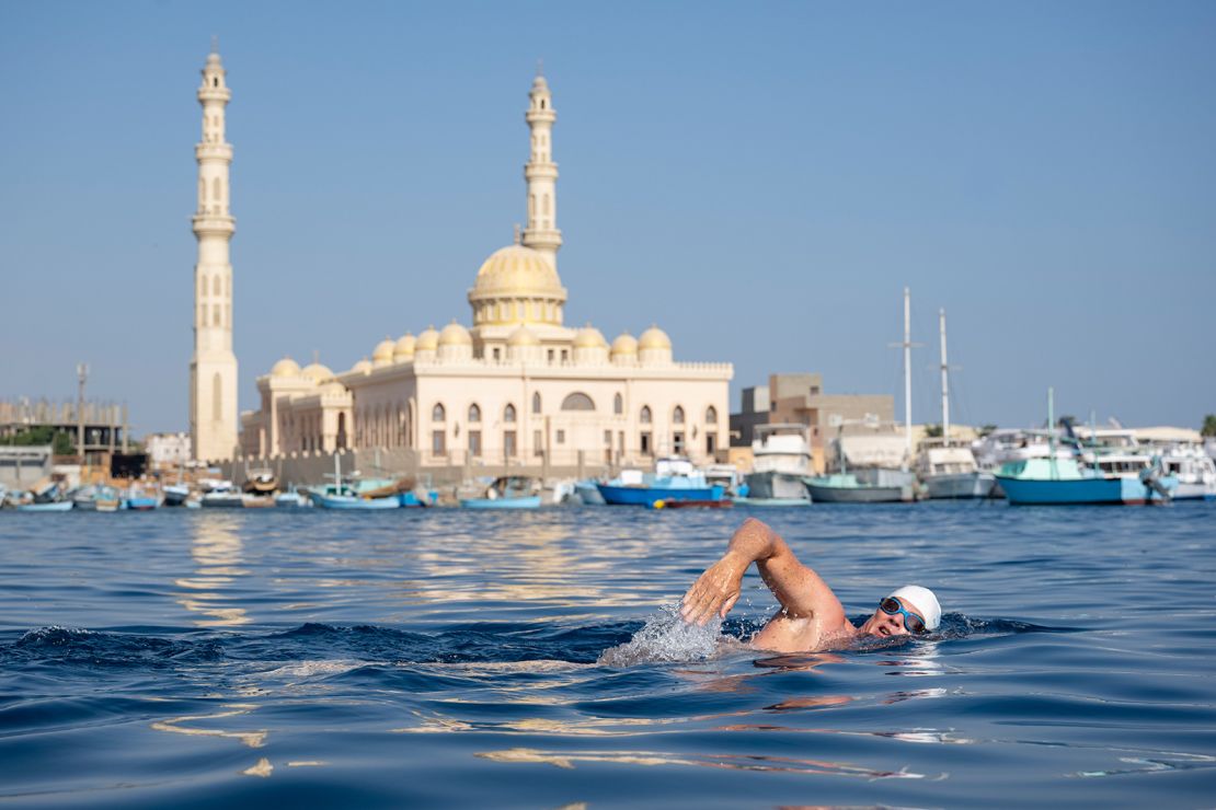 Pugh's swim went from Saudi Arabia's Tiran Island to Hurghada in Egypt.