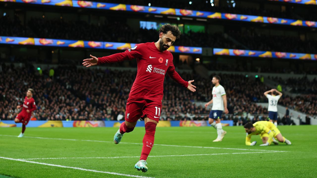Mo Salah celebrates scoring his second goal in Liverpool's 2-1 Premier League win against Tottenham Hotspur on Sunday.