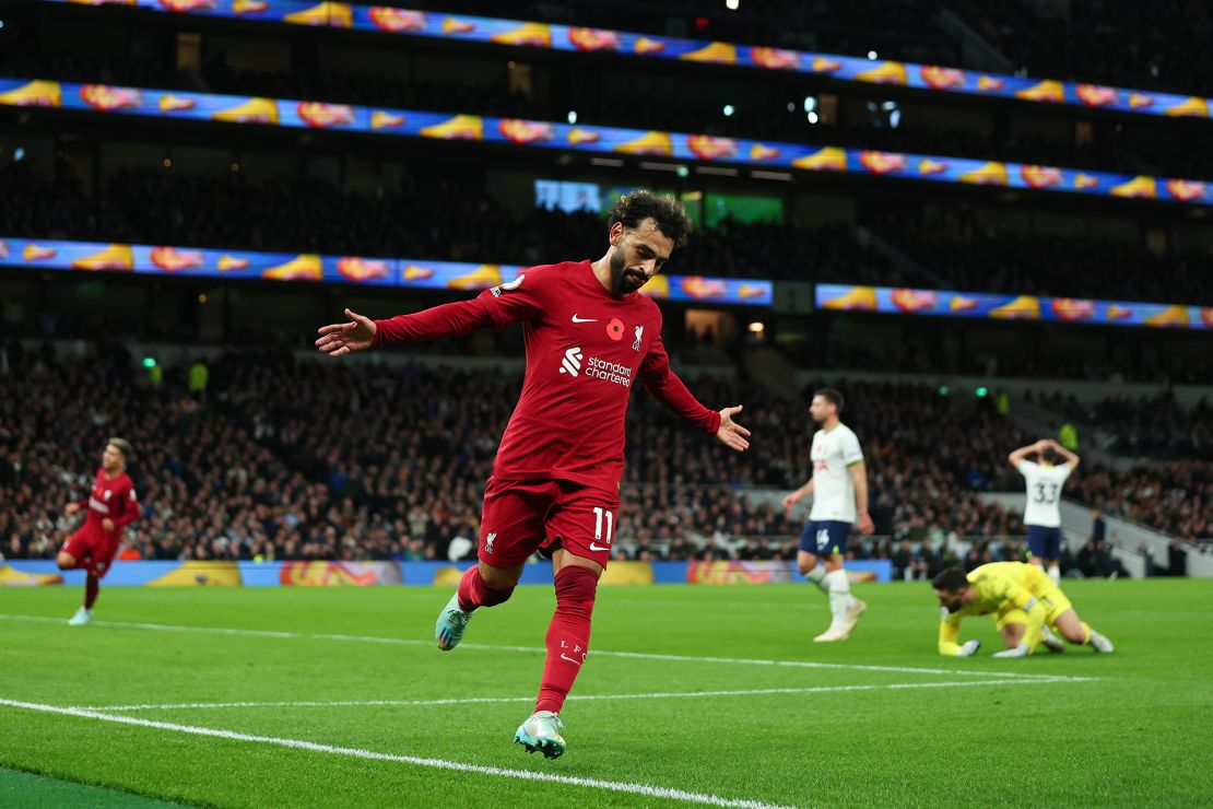 Mo Salah celebrates scoring his second goal in Liverpool's 2-1 Premier League win against Tottenham Hotspur on Sunday.