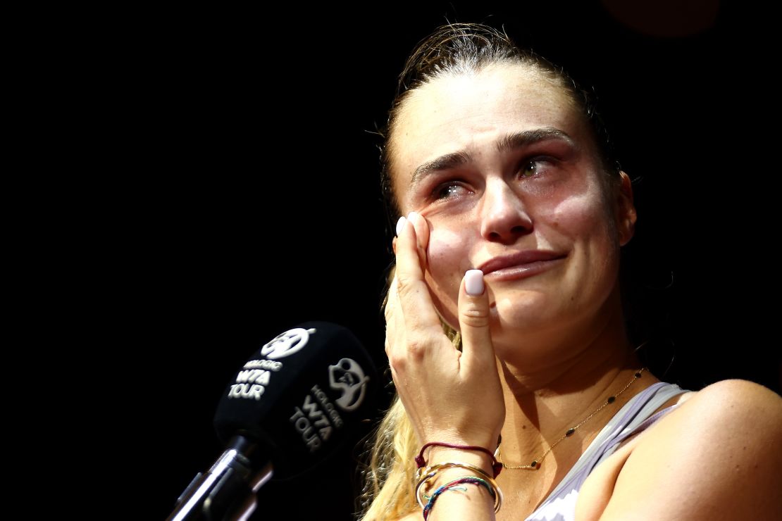 A tearful Sabalenka addresses the crowd in Texas after losing against Garcia. 