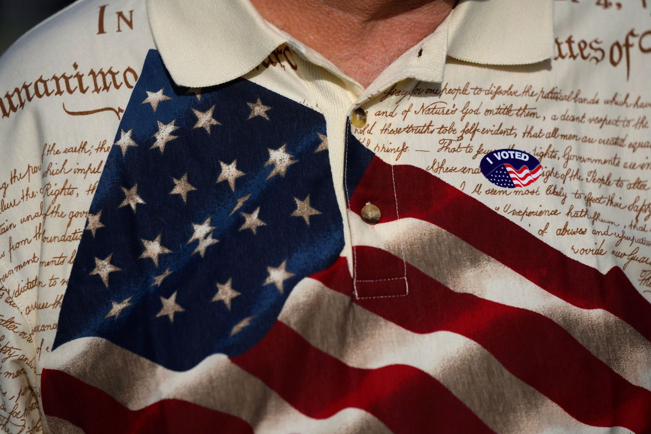 A man wears an "I voted" sticker on his shirt in Fort Myers, Florida, on Tuesday.