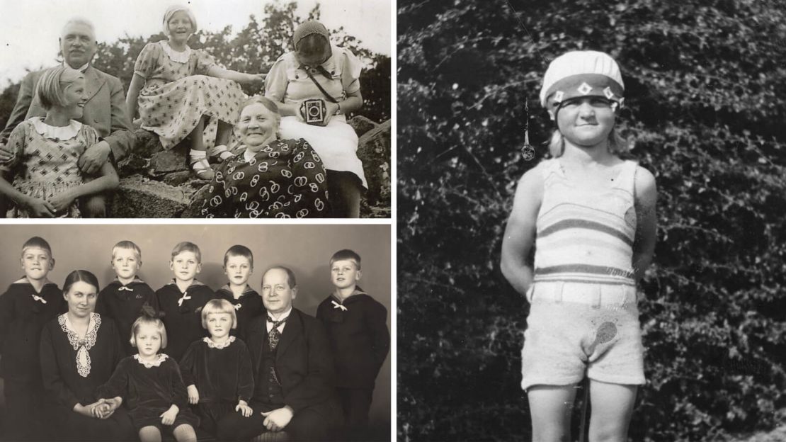 Upper left: Kirsten (top center) and her sister Inger (bottom left) on a family outing with their aunt, uncle and cousin.
Lower left: The Abildtrup family in the early 1930s. Kirsten, center left holding her mother's hand, was the youngest of seven children.
Right: The photo of Kirsten that hung on the wall and first caught Søgaard's attention as a young girl.