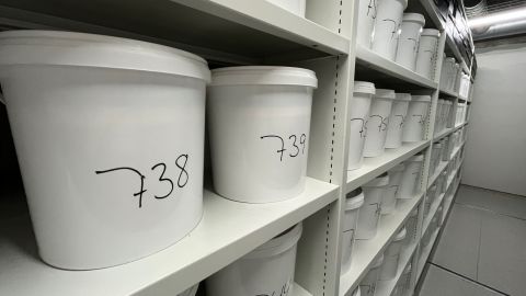 Bucket #738 -- Kirsten's brain -- sits on a shelf among the rest of the brain collection in the basement at the University of Southern Denmark in Odense.