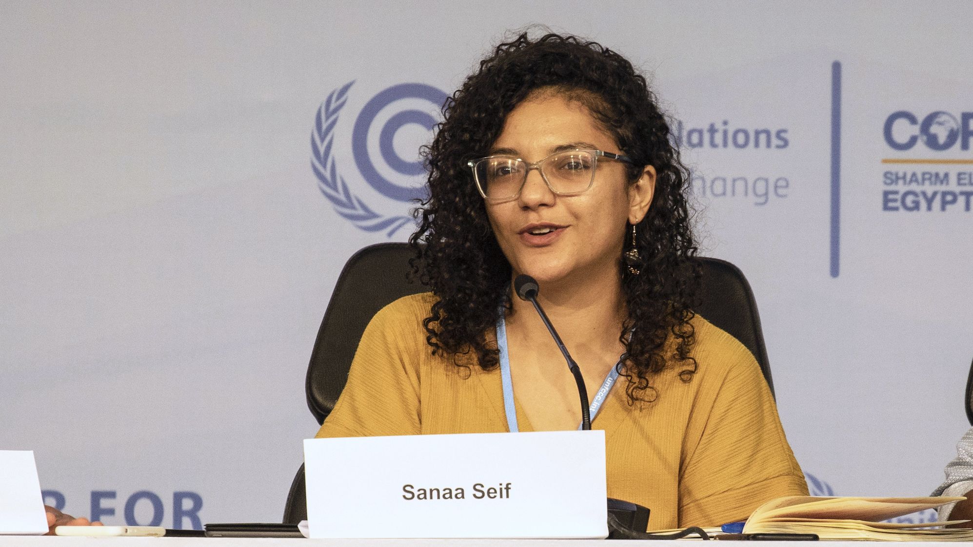 Sanaa Seif, sister of Egyptian-British jailed activist Alaa Abdel-Fattah, who is on a hunger and water strike, speaks during a press conference on Alaa situation during the 2022 United Nations Climate Change Conference COP27 at the International Convention Center.
