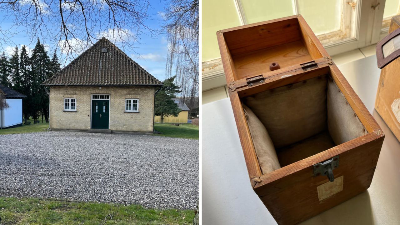 The standalone building at Oringe (left) housing the autopsy room where Kirsten's brain was removed in 1951 still stands today, and includes the wooden boxes (right) that were once used to ship the brains to Risskov.