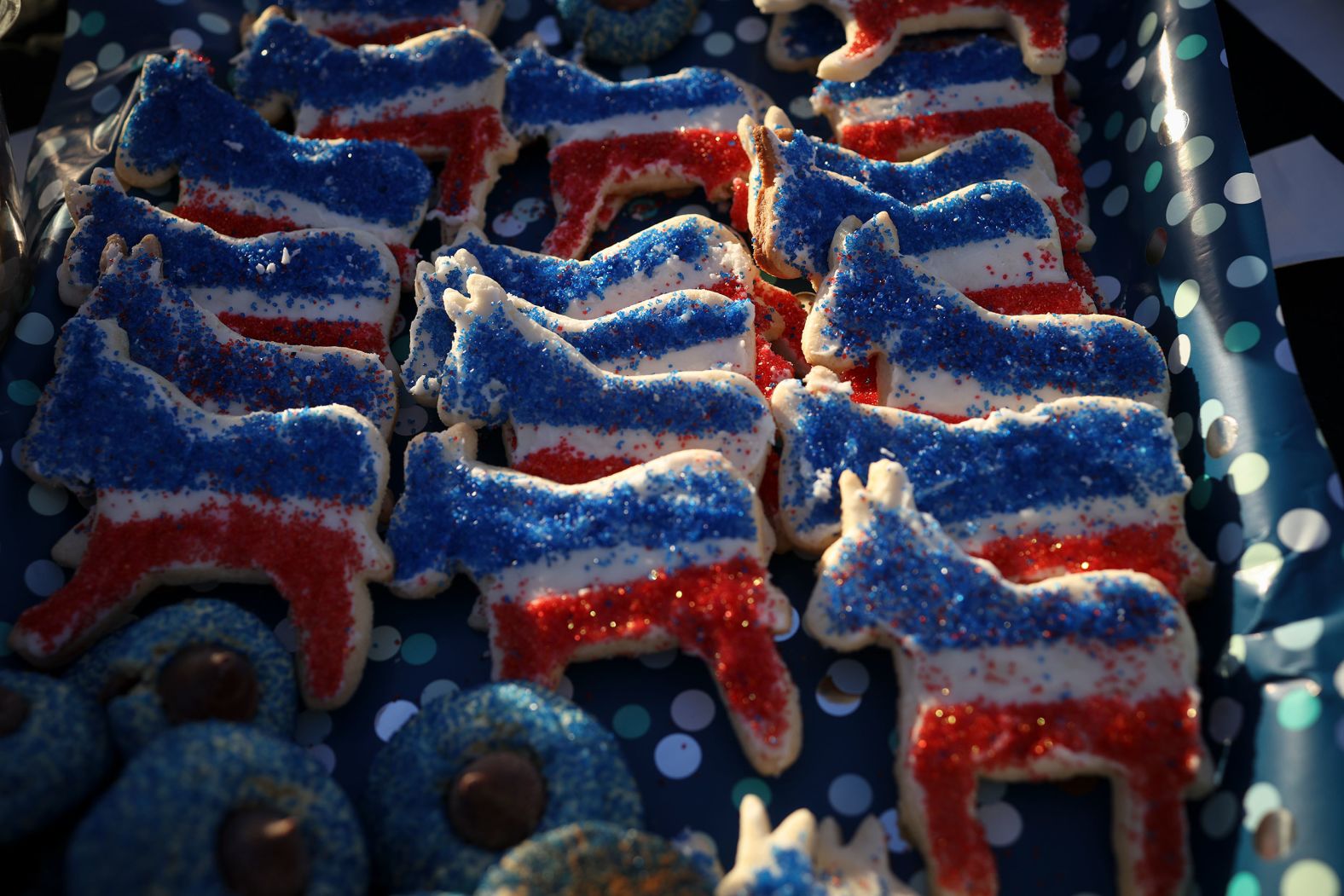 Donkey-shaped cookies are laid out by members of the Pennsylvania Democratic Party outside a polling location in Bryn Athyn.