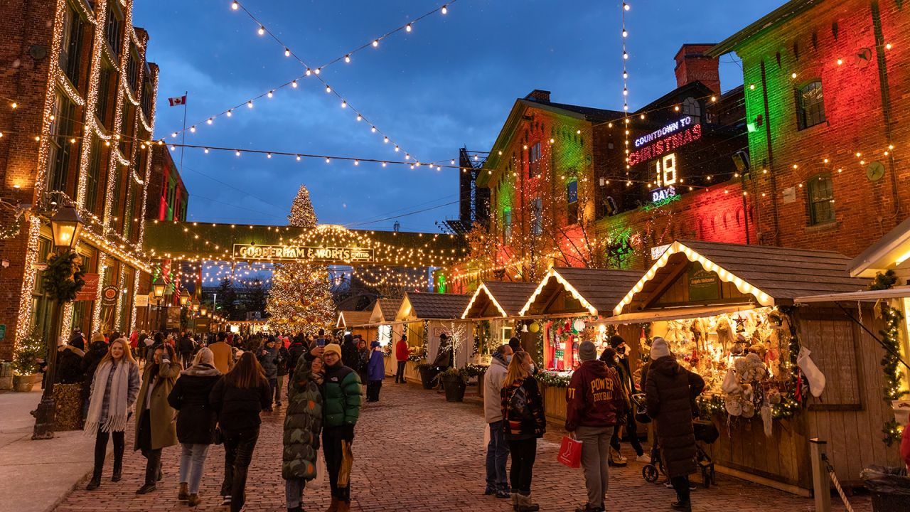 <strong>The Distillery Winter Village, Toronto:</strong> Formerly known as the Toronto Christmas Market, this annual event features outdoor shopping cabins and food vendors, a gingerbread hunt and a 50-foot Christmas tree. 