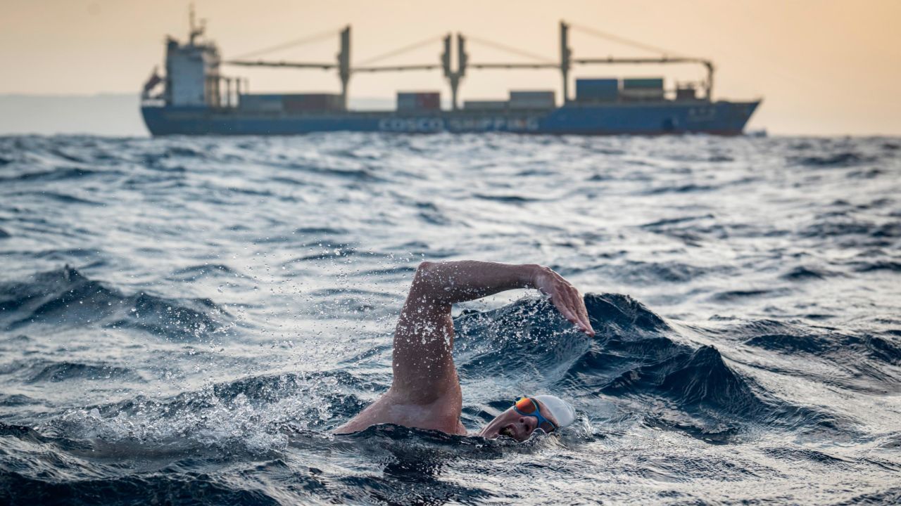 Lewis Pugh had to contend with large shipping vessels while swimming across the Red Sea.