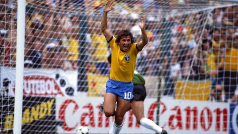 Zico celebrates his goal against Argentina.