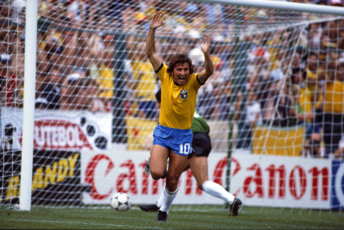 Zico celebrates his goal against Argentina.