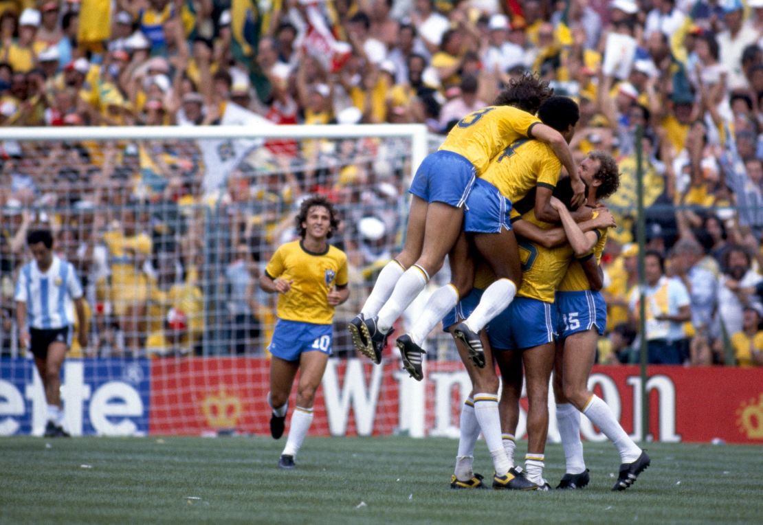 The Brazilian players celebrate a goal against Argentina.