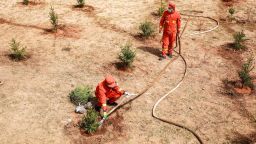Forest firefighters plant trees at Liancheng National Nature Reserve on April 22, 2022 in Lanzhou, Gansu Province of China. 