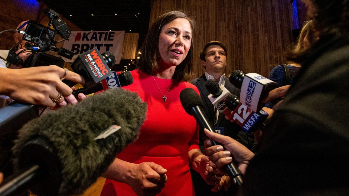 Katie Britt talks with the media during a watch party in Montgomery, Alabama, on May 24, 2022.