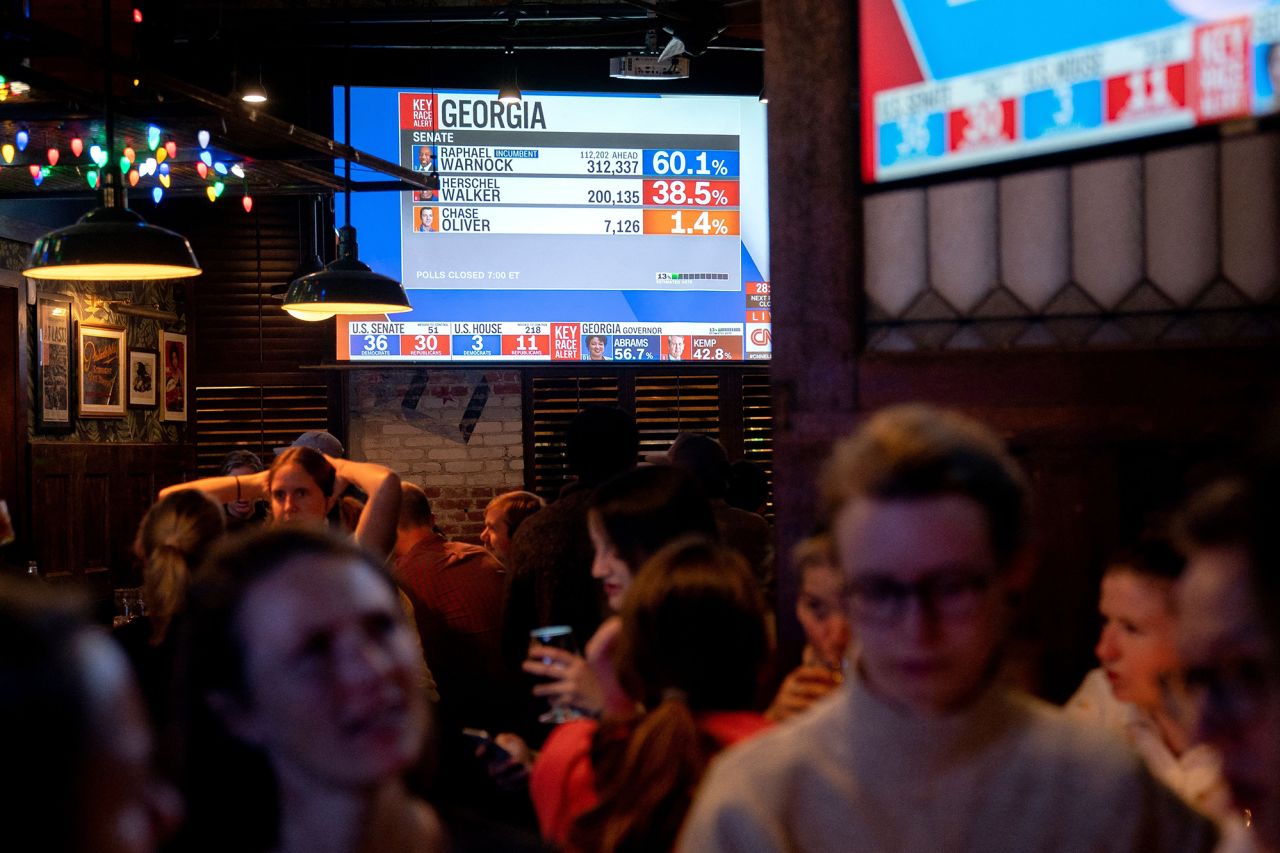 Patrons participate in election night trivia as early results come in at a bar in Washington, DC.