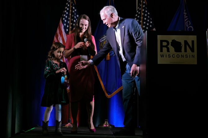 US Sen. Ron Johnson wishes his granddaughter Marit a happy seventh birthday during an election night party in Neenah, Wisconsin.