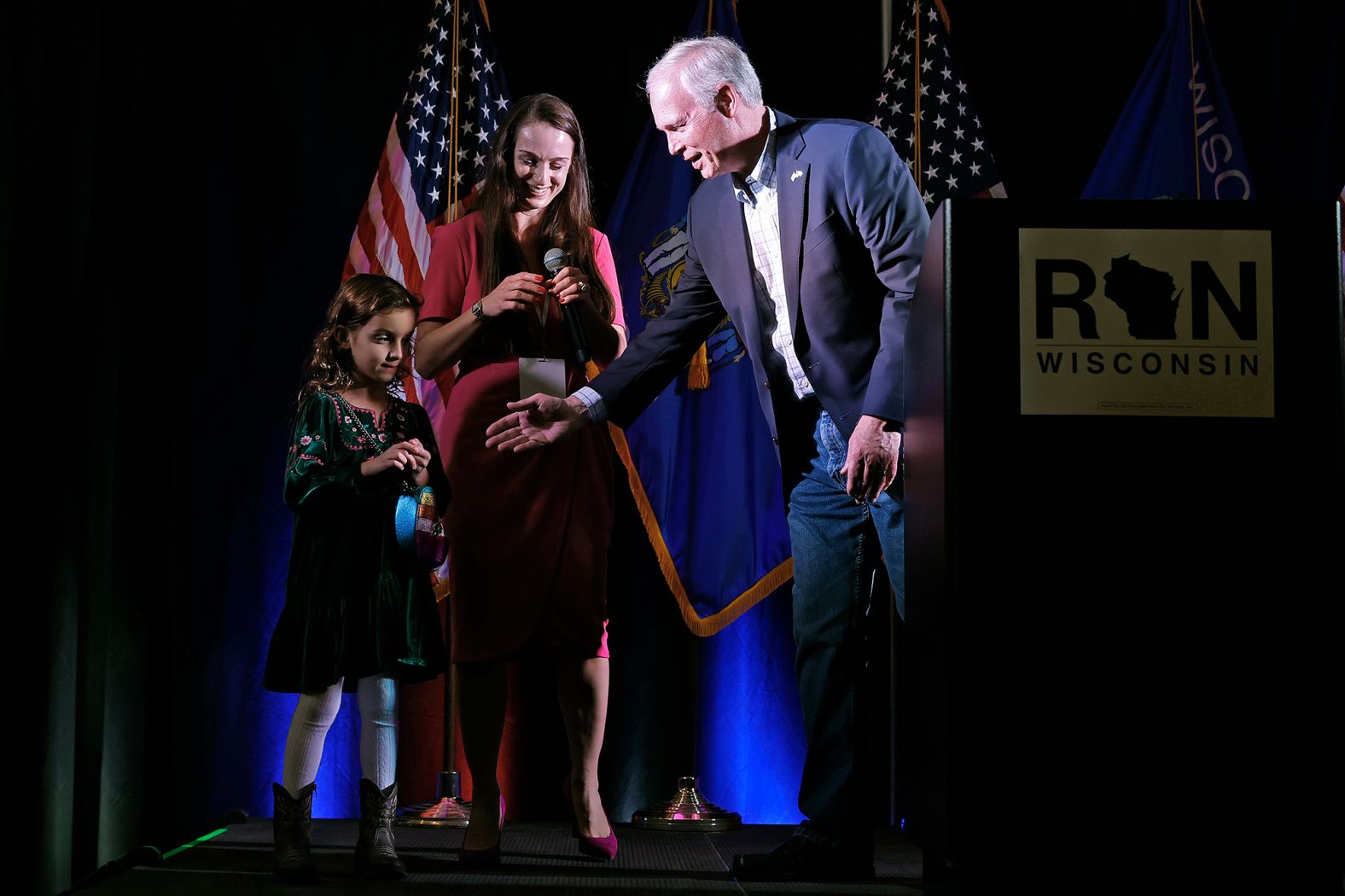 US Sen. Ron Johnson wishes his granddaughter Marit a happy seventh birthday during an election night party in Neenah, Wisconsin.