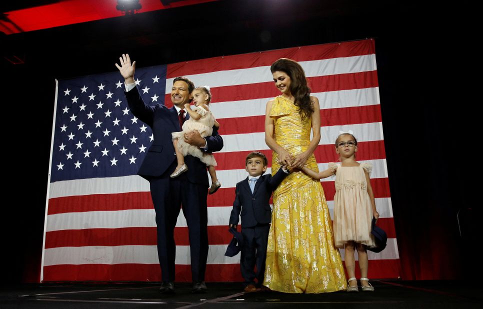 DeSantis is joined by his wife, Casey, and their children at an election night party in Tampa in November 2022. <a href=