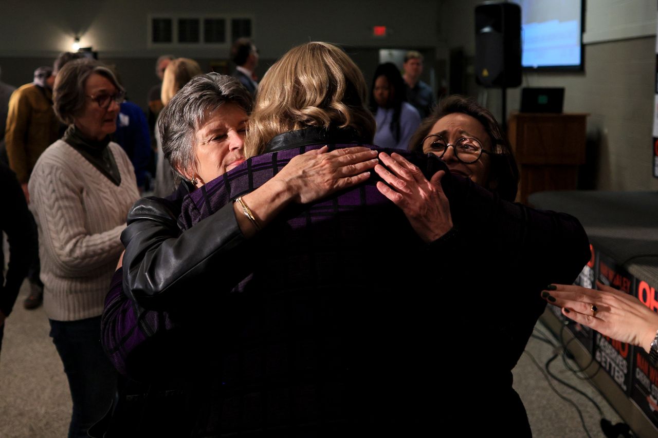 Ohio gubernatorial candidate Nan Whaley hugs supporters during an election night watch party in Dayton. <a href="https://www.cnn.com/politics/live-news/midterm-election-results-livestream-voting-11-08-2022/h_6dab3e1f3532b3062bc489d6ab42108d" target="_blank">Whaley, a Democrat, will lose to Gov. Mike DeWine, CNN projects.</a>