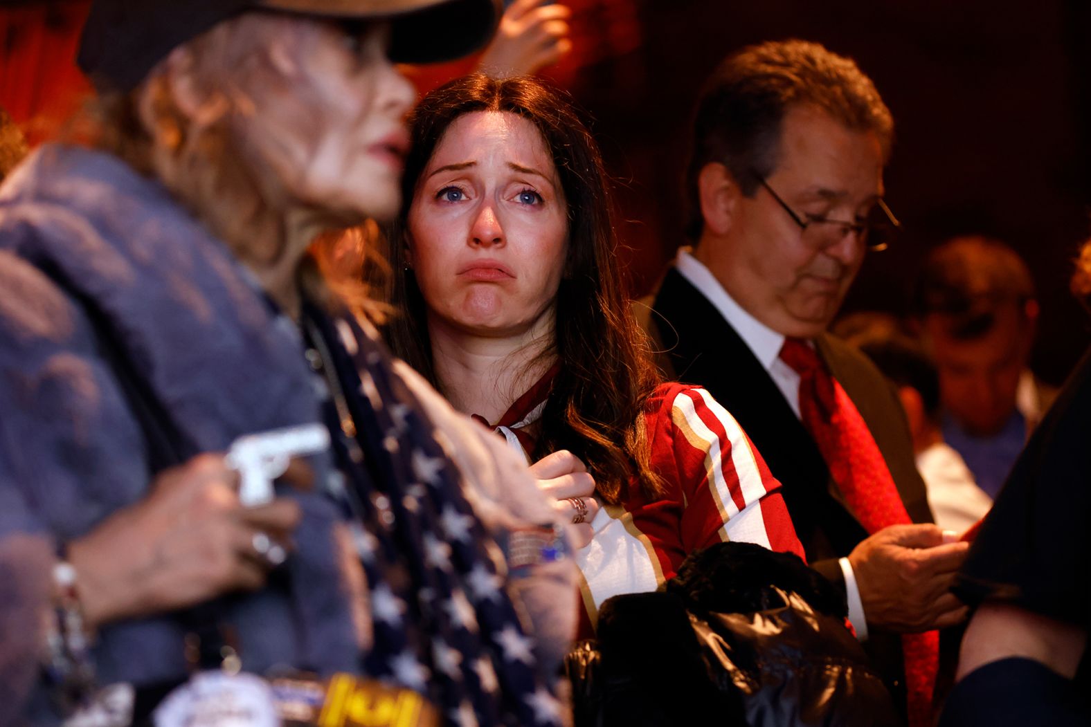 A supporter of Lee Zeldin, the Republican gubernatorial candidate in New York, reacts Tuesday after <a href="index.php?page=&url=https%3A%2F%2Fwww.cnn.com%2Fpolitics%2Flive-news%2Fmidterm-election-results-livestream-voting-11-08-2022%2Fh_1bed4b0f5852d93752bb8dad767f837d" target="_blank">it was projected that Zeldin would lose to Kathy Hochul.</a>