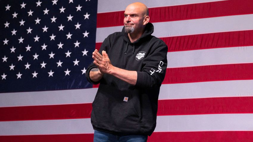 Pennsylvania Democratic Senatorial candidate John Fetterman gestures onstage at a watch party during the midterm elections at Stage AE in Pittsburgh, Pennsylvania, on November 8, 2022. - President Joe Biden's party picked up a first seat in the upper chamber of Congress on Tuesday as Democrat John Fetterman defeated celebrity doctor Mehmet Oz in Pennsylvania, media projections showed. (Photo by ANGELA WEISS / AFP) (Photo by ANGELA WEISS/AFP via Getty Images)