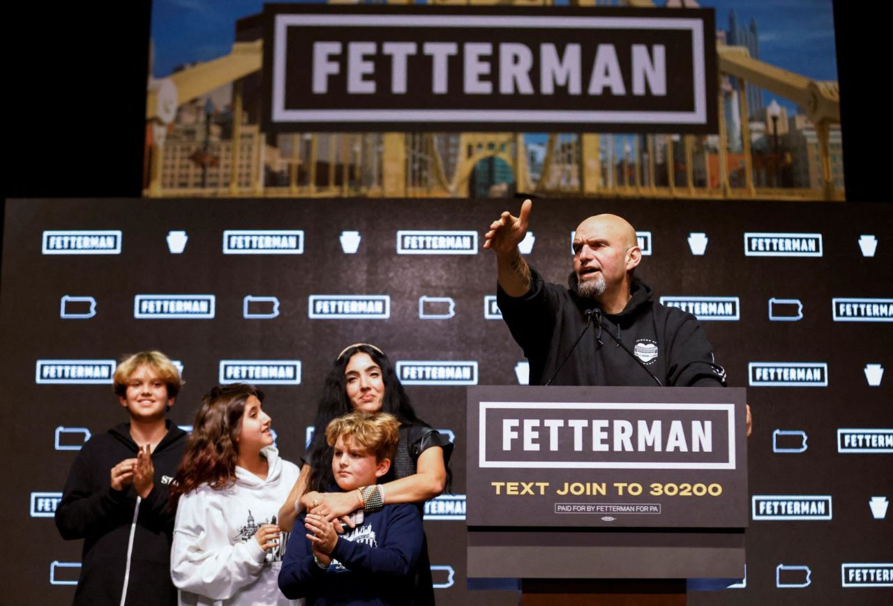Pennsylvania Senate candidate John Fetterman is joined by his wife, Gisele, and their children as he addresses supporters at his election night party in Pittsburgh. <a href="https://www.cnn.com/2022/11/09/politics/john-fetterman-dr-oz-pennsylvania-senate-race-results" target="_blank">Fetterman defeated Mehmet Oz, CNN projected,</a> picking up a seat for Democrats after the retirement of Republican Sen. Pat Toomey.