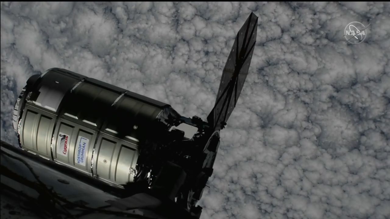 The Cygnus cargo spacecraft shortly before it docked with the International Space Station on Wednesday. 