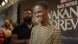 Guyanese-British actress Letitia Wright gives an interview before the African premiere of the film "Black Panther: Wakanda Forever" in Lagos, on November 6, 2022. - The African premiere of the Marvel superhero film "Black Panther: Wakanda Forever" is taking place in Lagos, a leading commercial hub for African entertainment ahead of the film's global release on November 11. (Photo by PIUS UTOMI EKPEI / AFP) (Photo by PIUS UTOMI EKPEI/AFP via Getty Images)